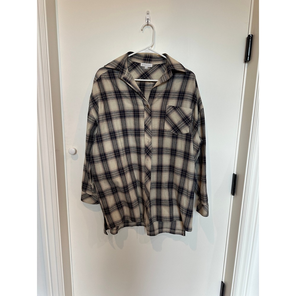Gianni Bini Women Oversized Plaid Shirt Button Up Long Sleeve Size S Beige